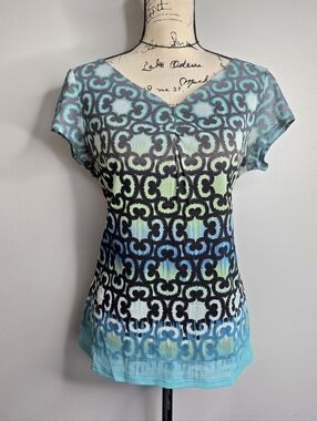​Axcess Y2K Mesh V-Neck Top | Teal Green Geometric Print | Size Large